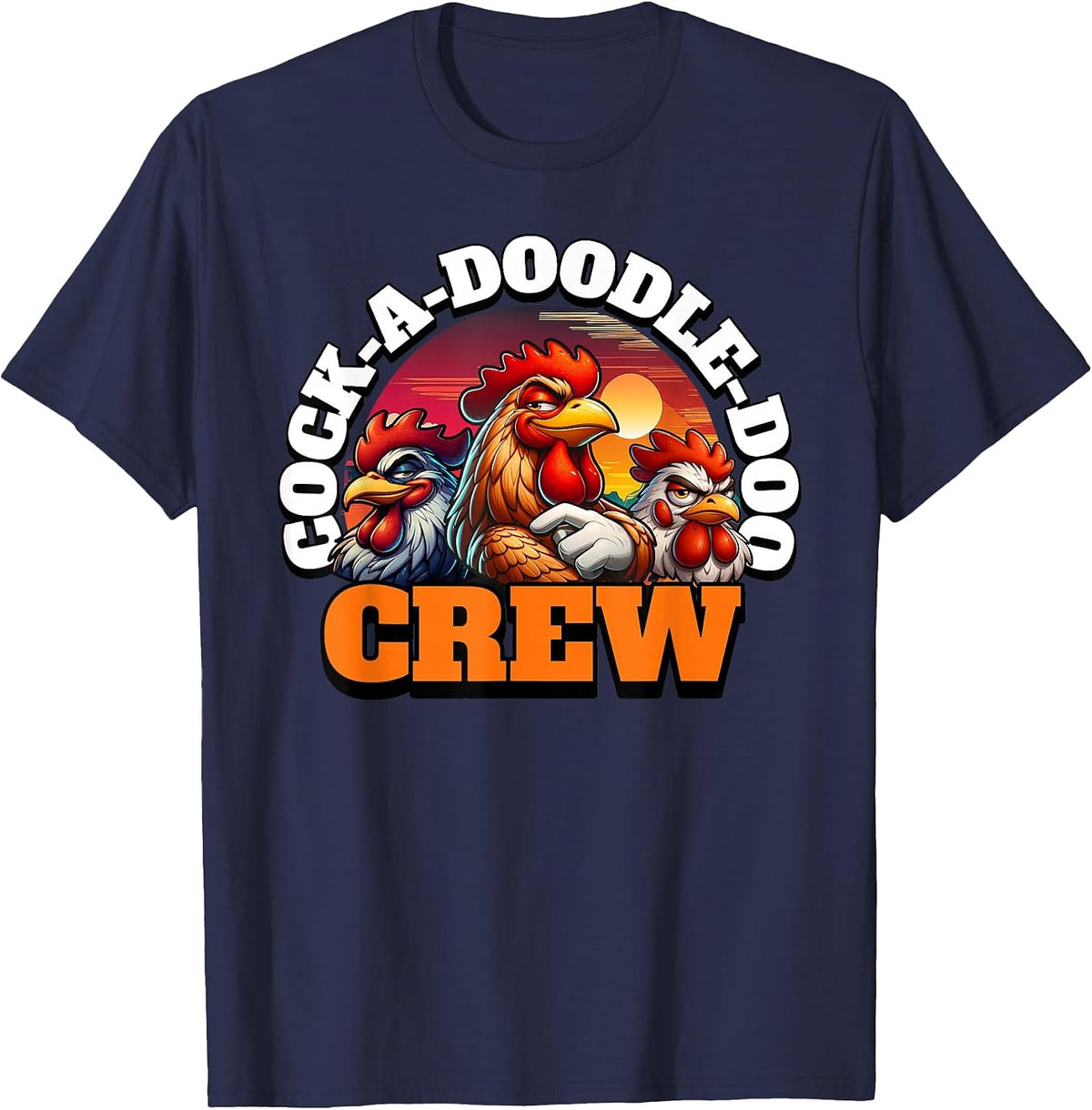 Funny Rooster Cock-a-Doodle-doo Crew T-Shirt - Navy Blue
