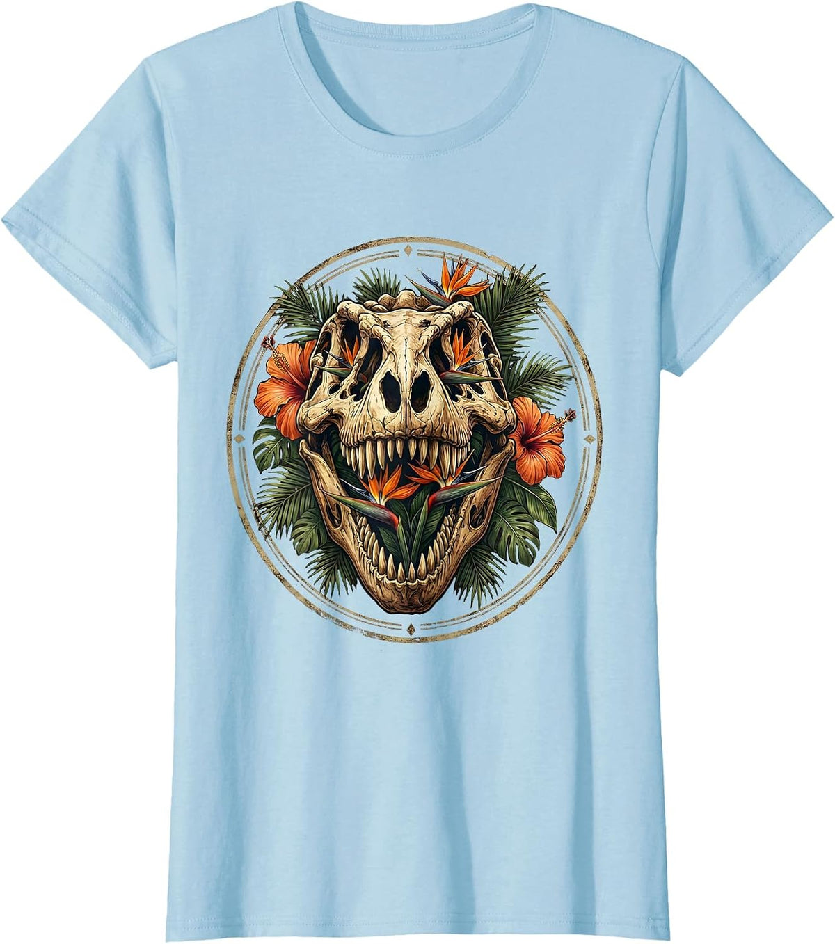T-Rex Skull Tropical Floral Dinosaur Art T-Shirt - Baby Blue
