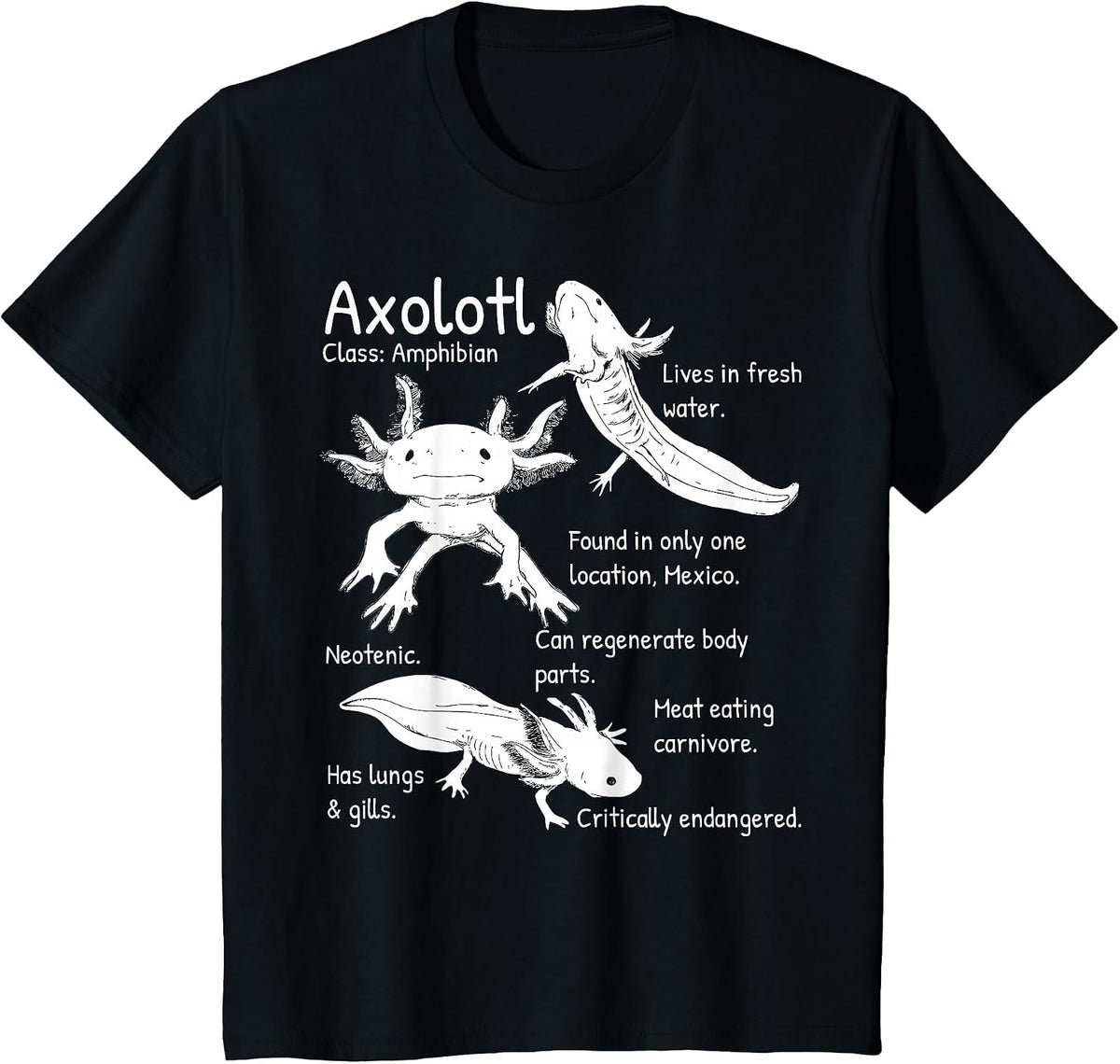 Axolotl Facts Species Types Endangered Animals Illustration T-Shirt - Black