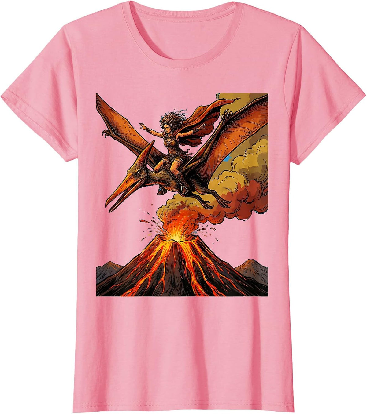 Women's Pterodactyl Soaring Above Volcano Dinosaur Tee T-Shirt - Pink