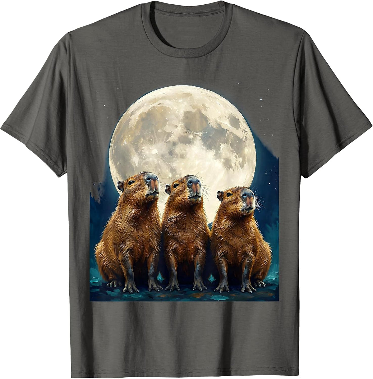 Men's Three Capybara Moon Gouache Poster Novelty Animal Lover T-Shirt - Asphalt Grey