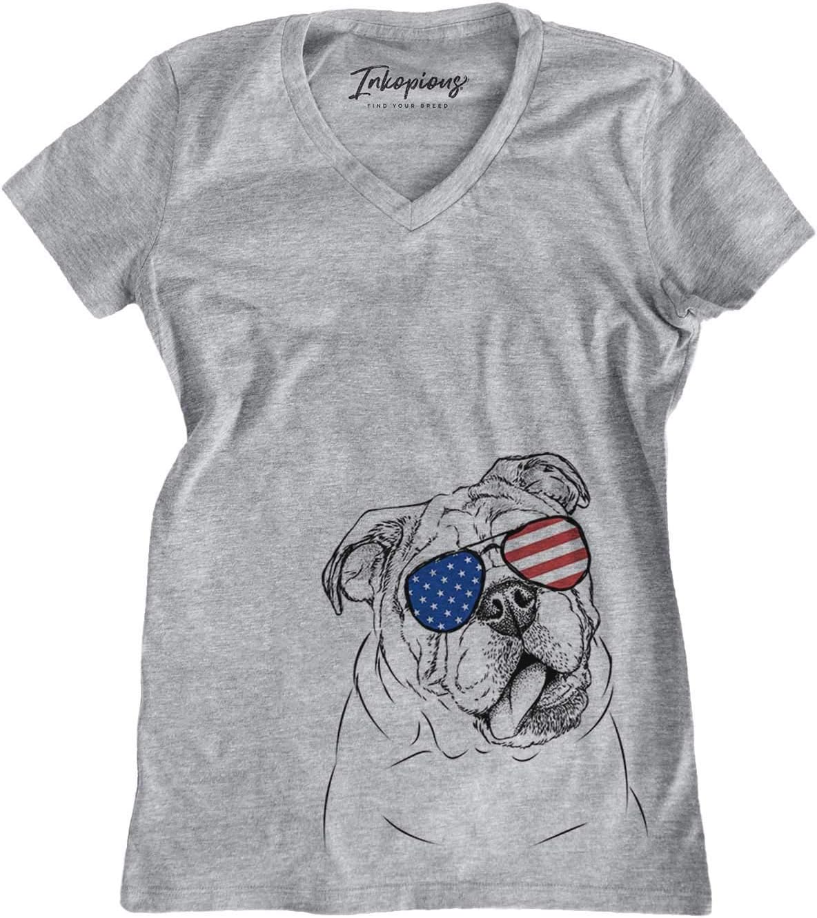 Patriotic Benson the English Bulldog Dog Triblend T-Shirt - Grey V-neck