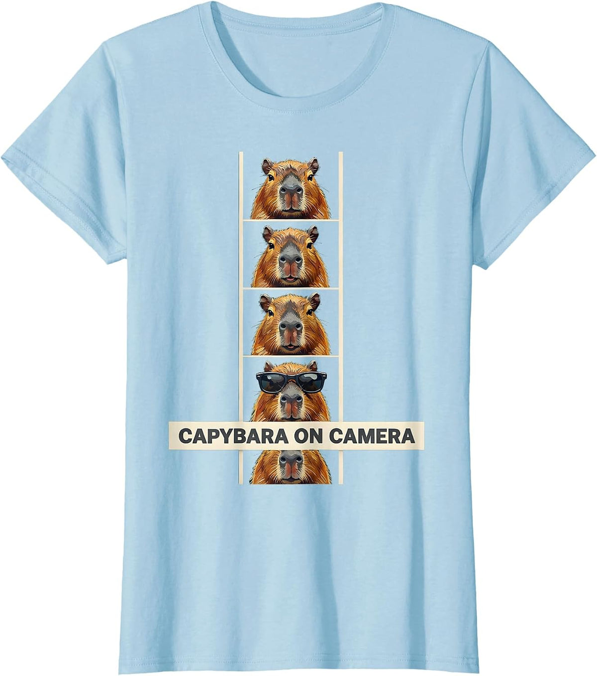 Women's Capybara On Camera Funny Animal Portrait Photobooth Humor T-Shirt - Baby Blue
