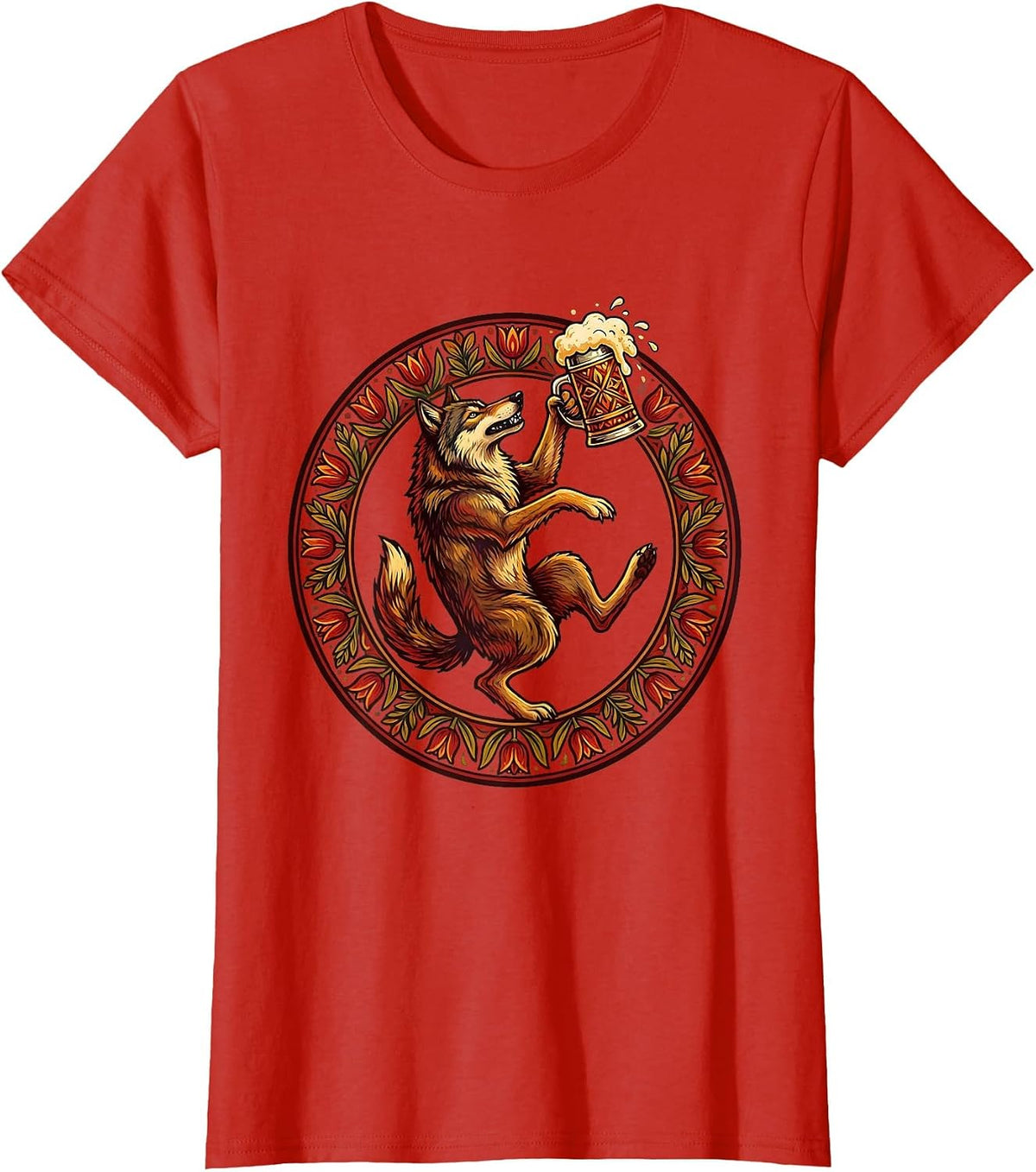 Wolf Howling with Beer Stein Prost Graphic T-Shirt - Red