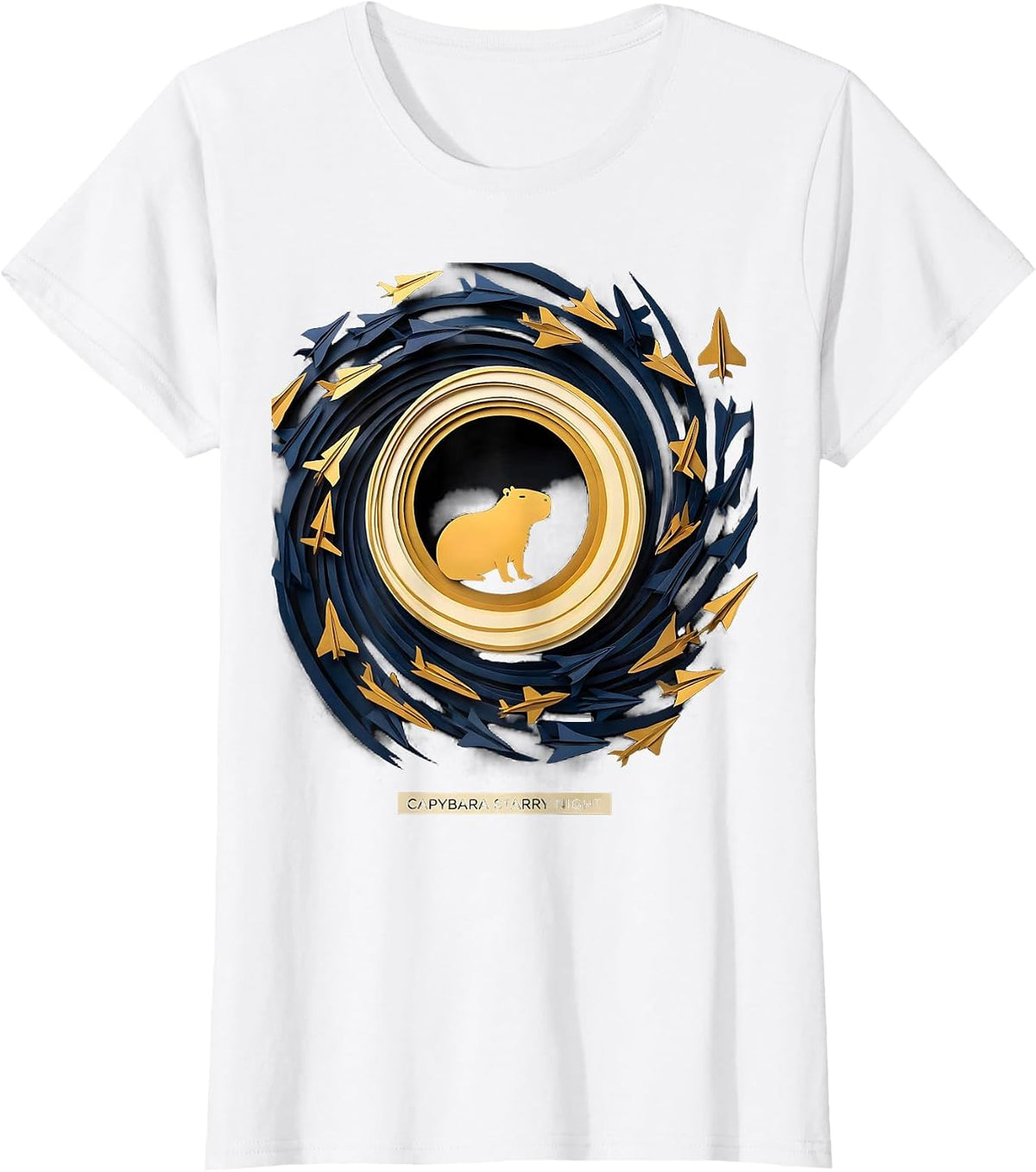 Women's Capybara Starry Night Paper Cutout Van Gogh Parody Animal T-Shirt - White