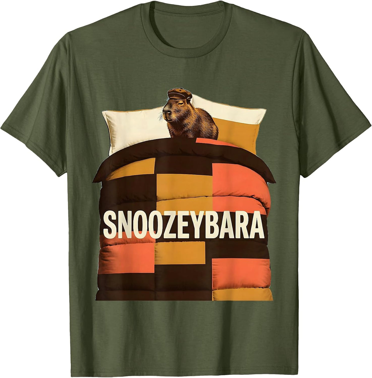 Snoozeybara Cute Capybara Sleepy Humor Novelty Lounge Wear T-Shirt - Olive Green