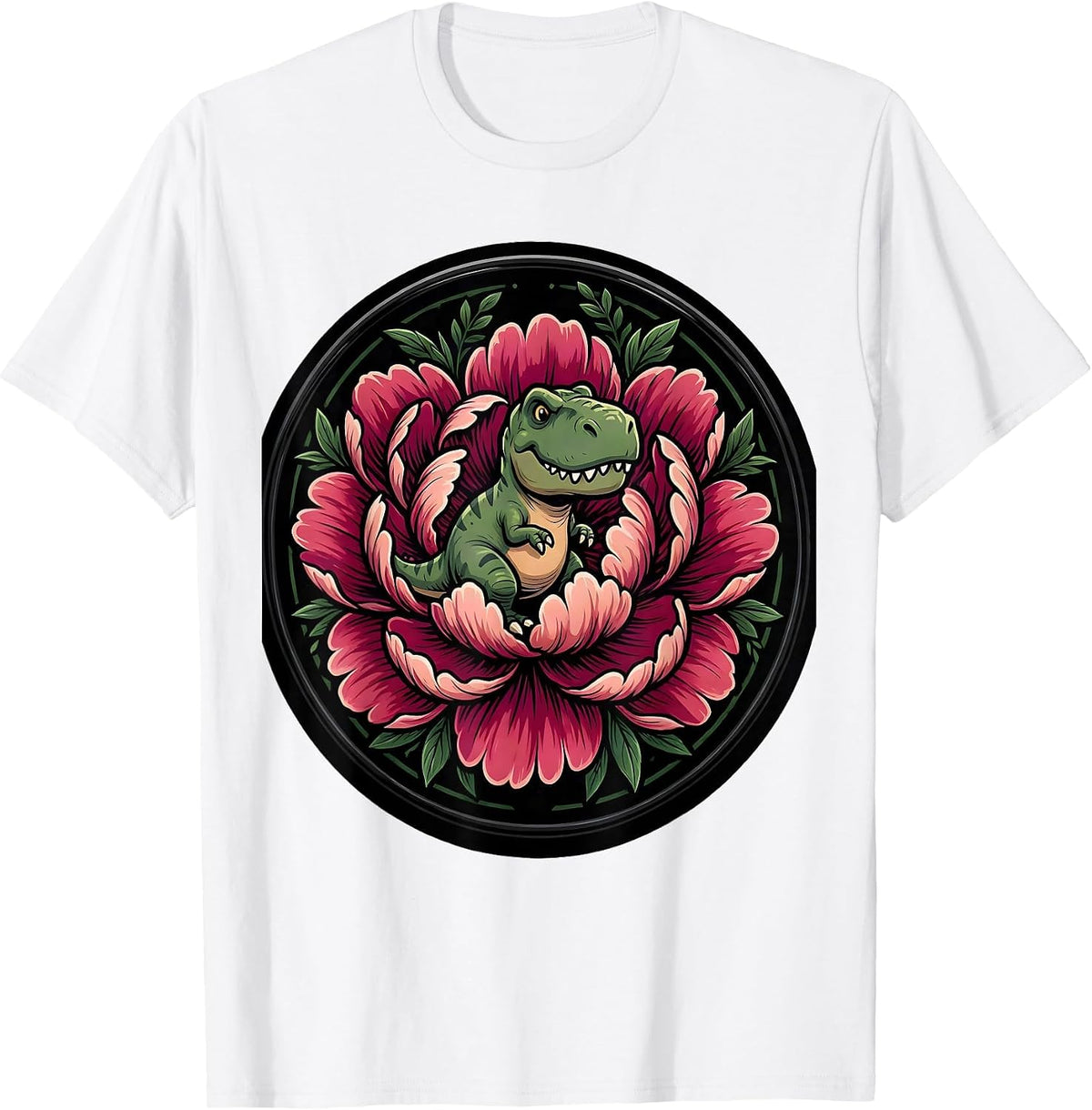 Men's Dinosaur Silhouette Blooming Peony Floral Design T-Shirt - White