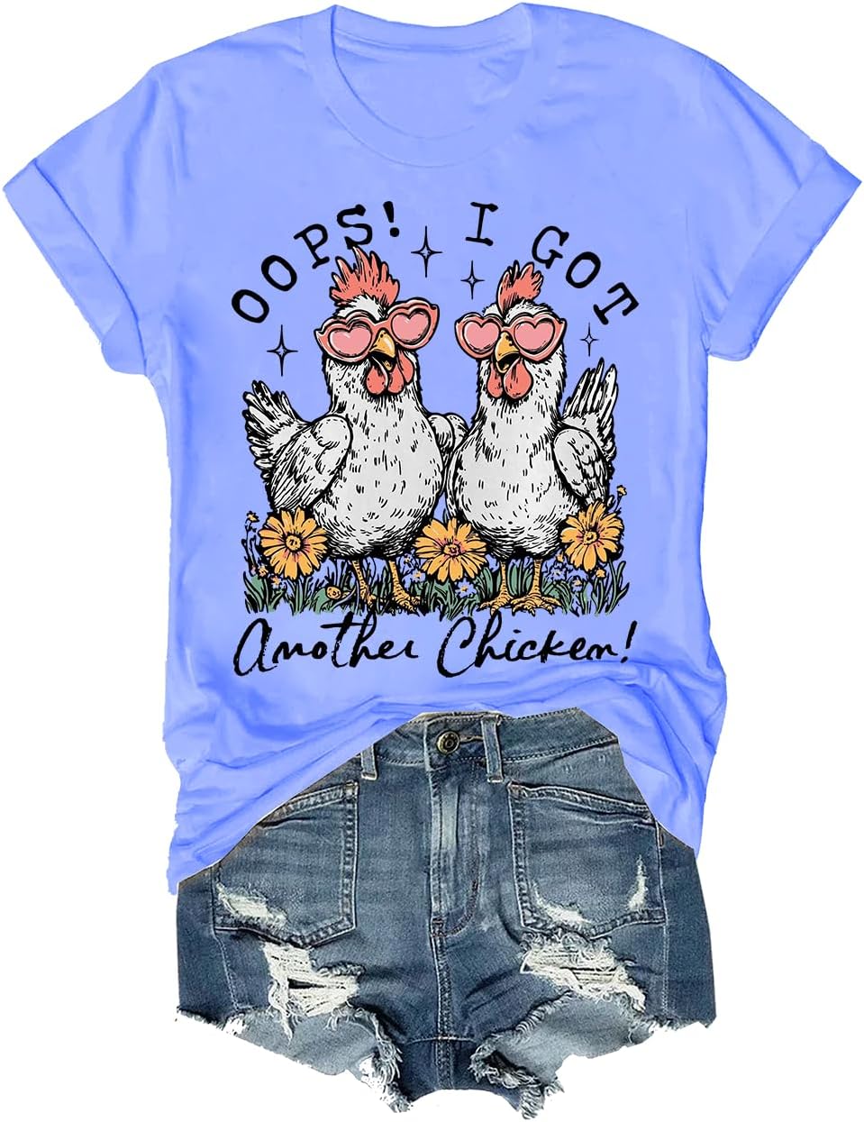 Oops I Got Another Chicken Shirt Funny Farm Animal Tshirt Unisex Cute Floral Hen T-Shirt - Crewneck Carolina Blue