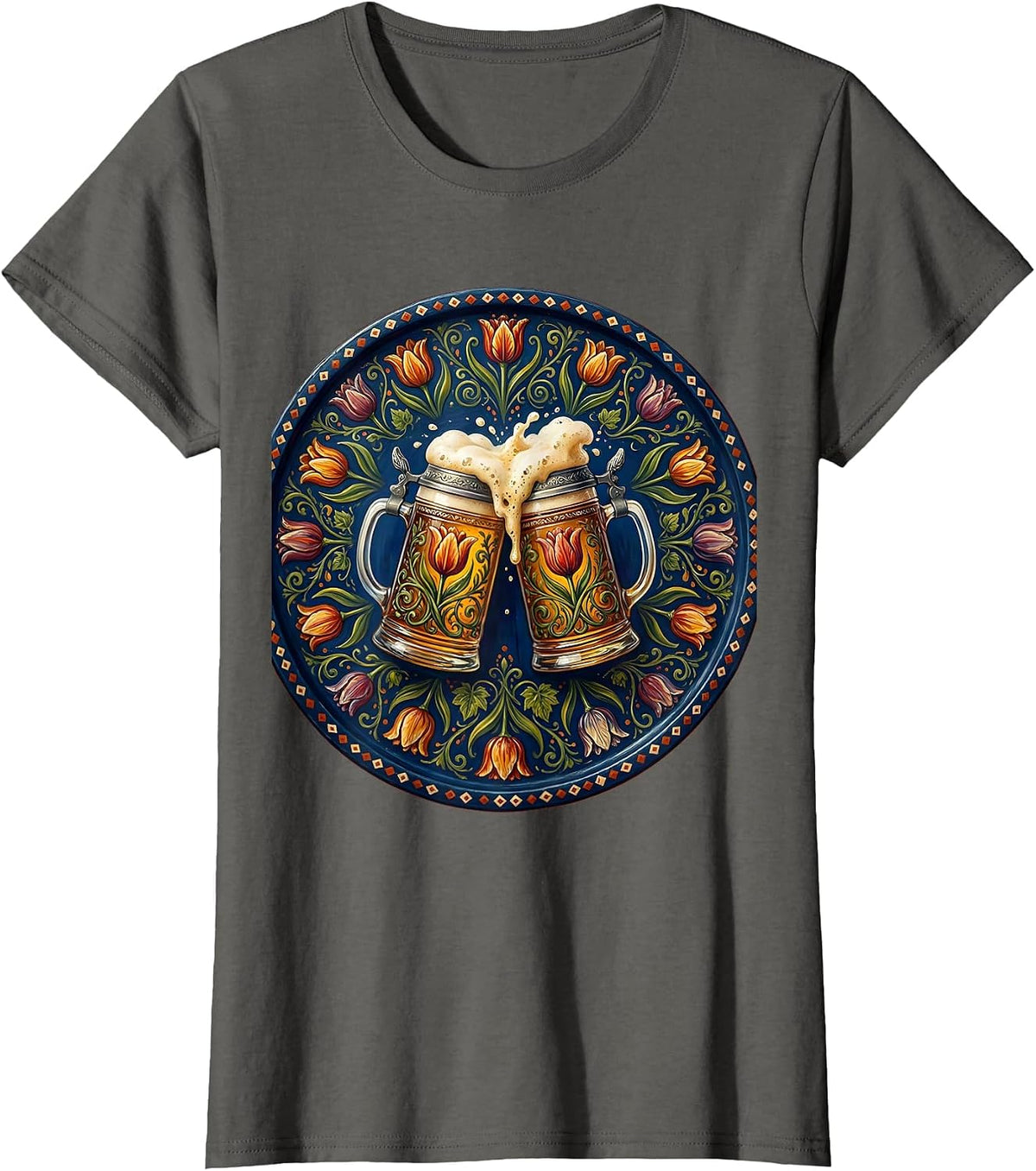 Women's Clinking Beer Steins October Festival Graphic T-Shirt - Asphalt Grey