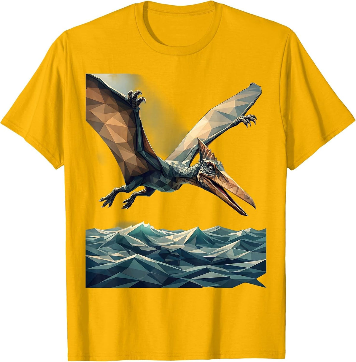 Pterodactyl Swooping Over Ocean Waves Dinosaur T-Shirt - Golden Yellow