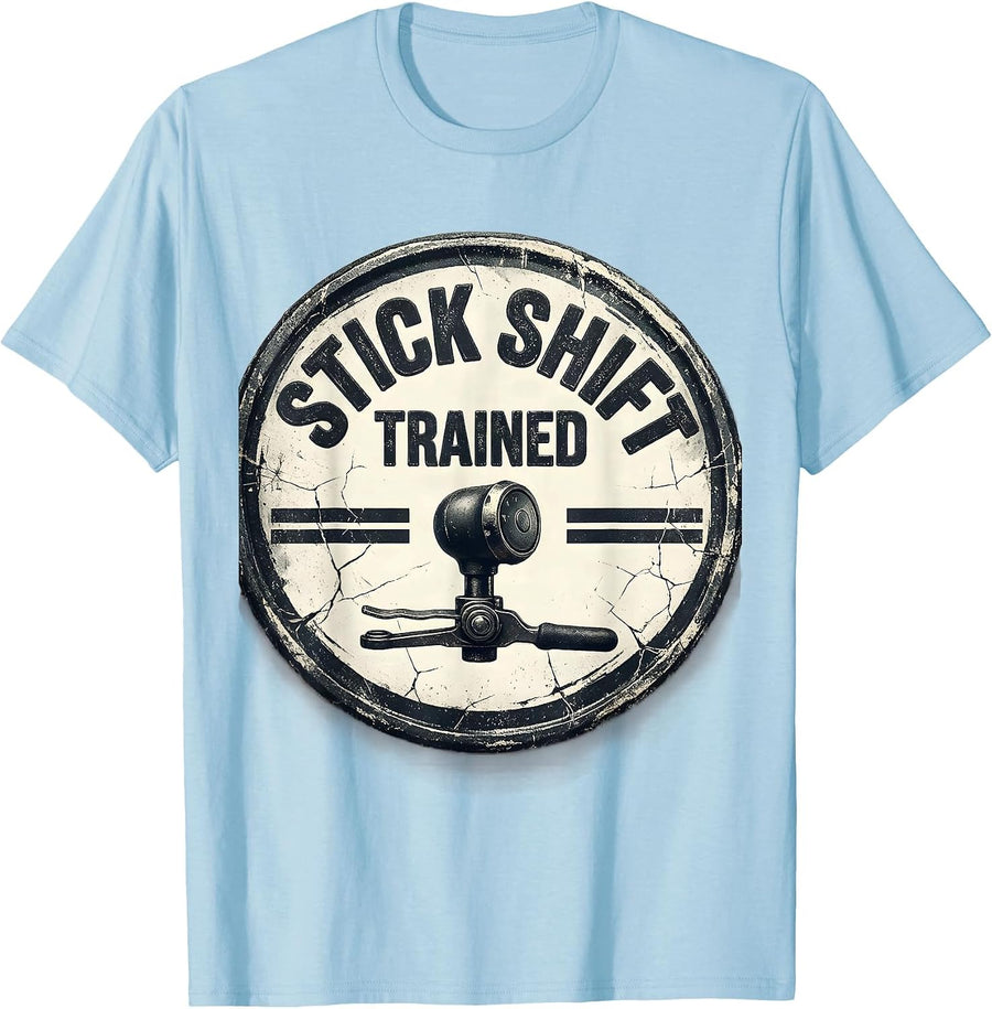 Men's Stick Shift Trained Distressed Gearbox Enthusiast Car Lover T-Shirt - Baby Blue