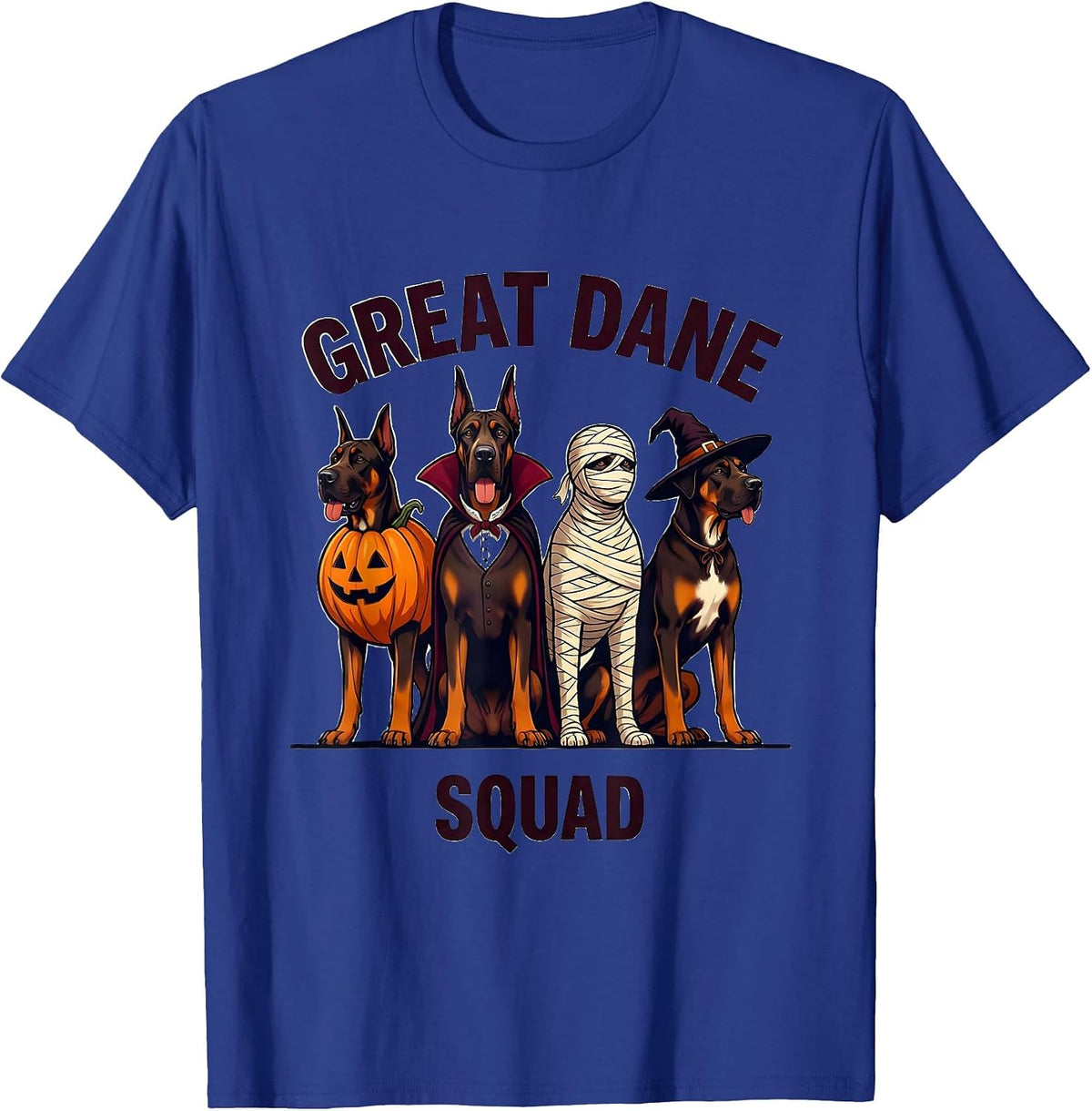 Great Dane Squad Halloween Pumpkin Vampire Mummy Witch Dog T-Shirt - Royal Blue
