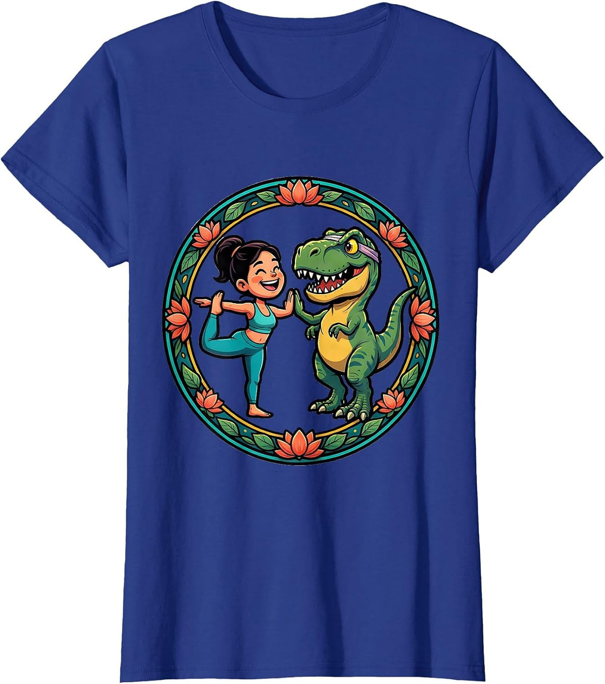 Women's Dinosaur Yoga Partner Funny T-Rex Pose Design T-Shirt - Royal Blue