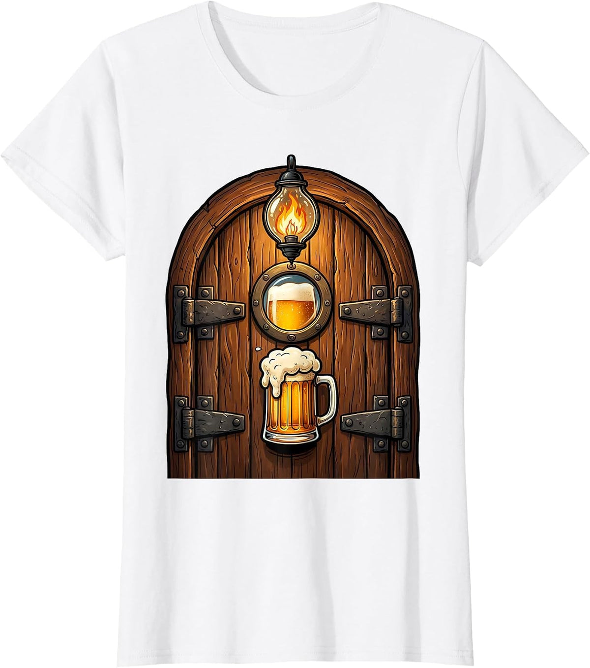Old Pub Door Lantern Glow Beer Illustration T-Shirt - White
