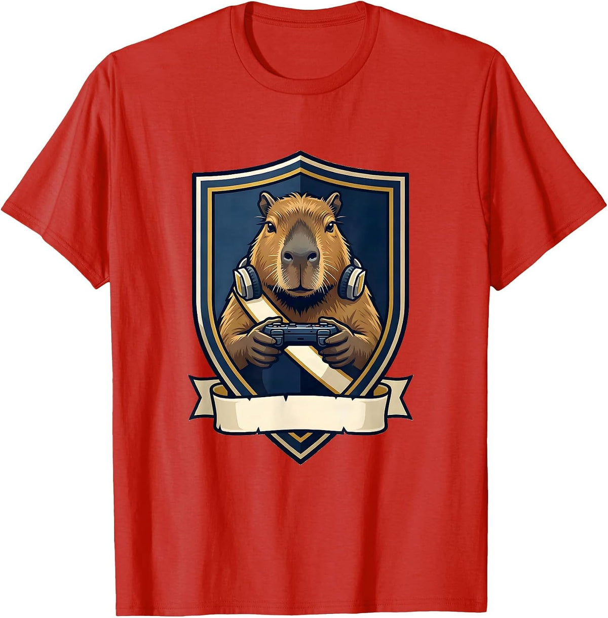 Men's Capybara Gamer Emblem Bruh Meme Humor T-Shirt - Red