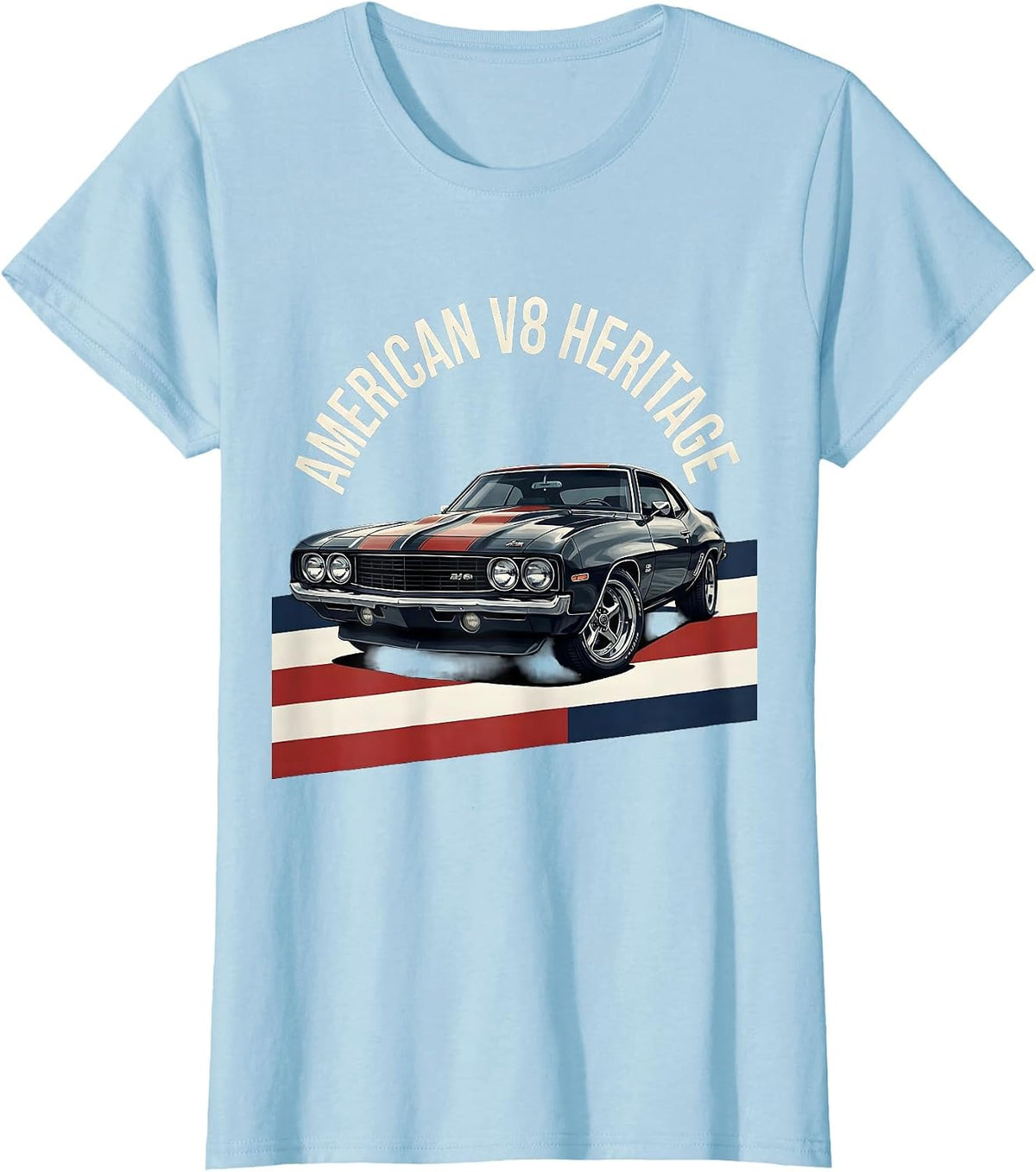 Women's American V8 Heritage Patriotic Vintage Muscle Car Enthusiast T-Shirt - Baby Blue