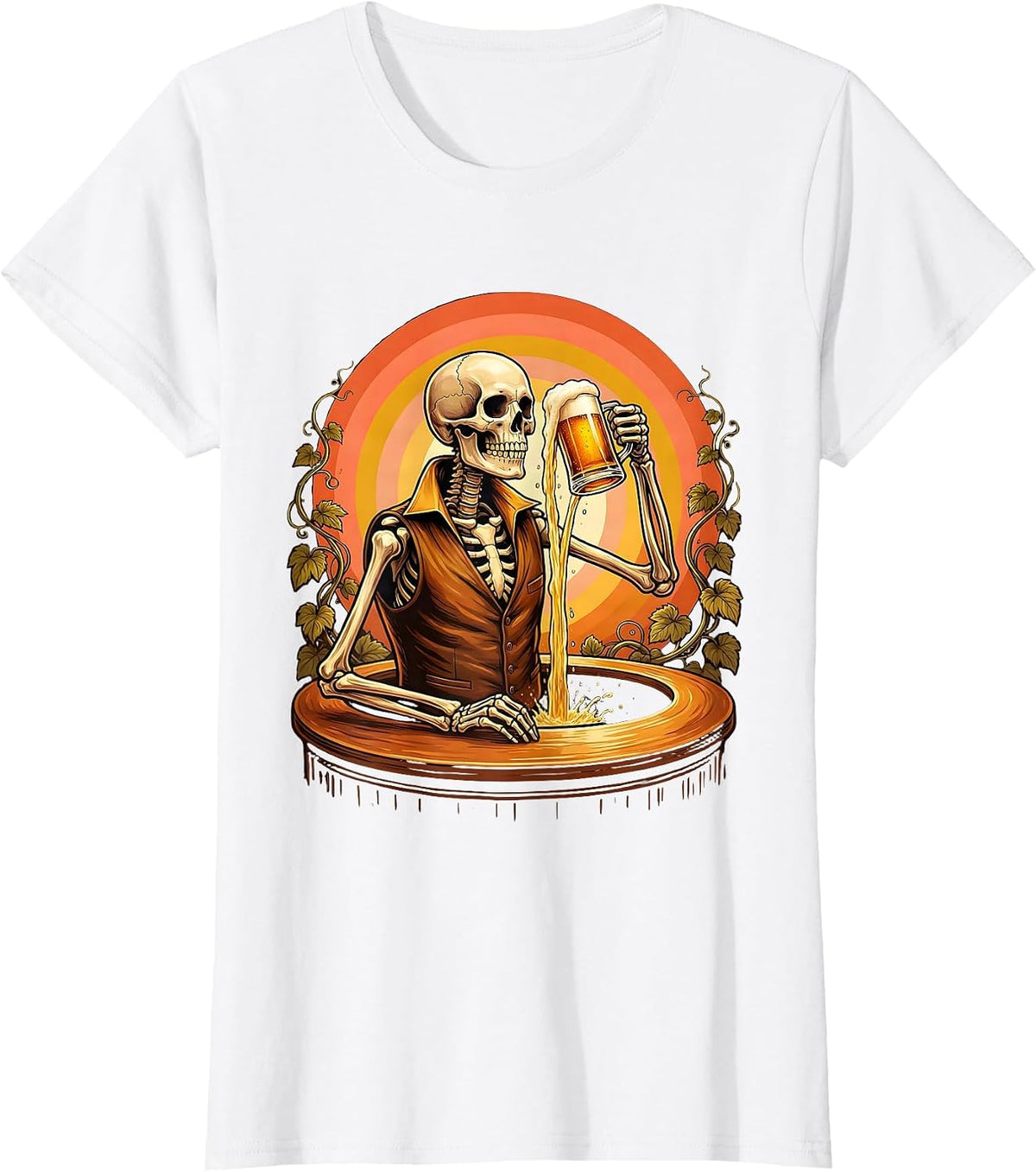 Skeleton Bartender Pouring Golden Draft Beer T-Shirt - White