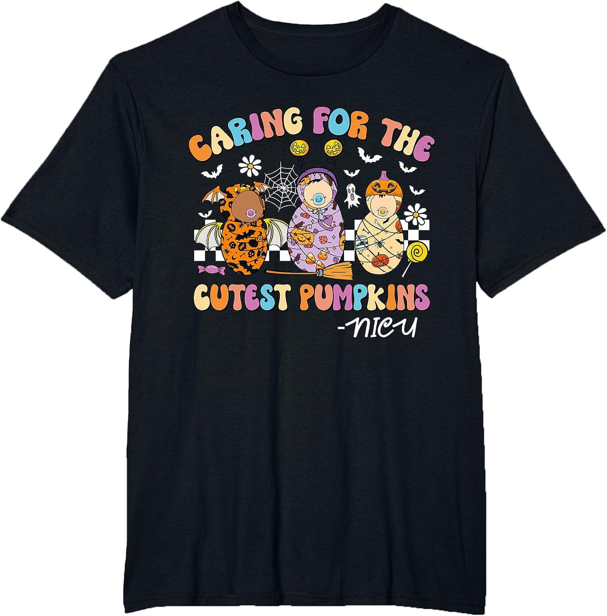 Retro Caring for The Cutest Pumpkins NiCU Nurse Halloween T-Shirt - Black