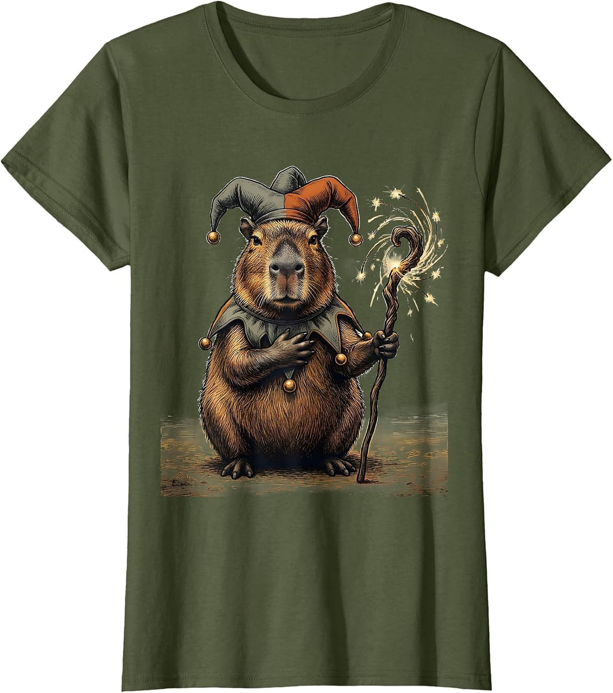 Women's Capybara Court Jester Autism Meme Humor T-Shirt - Olive Green