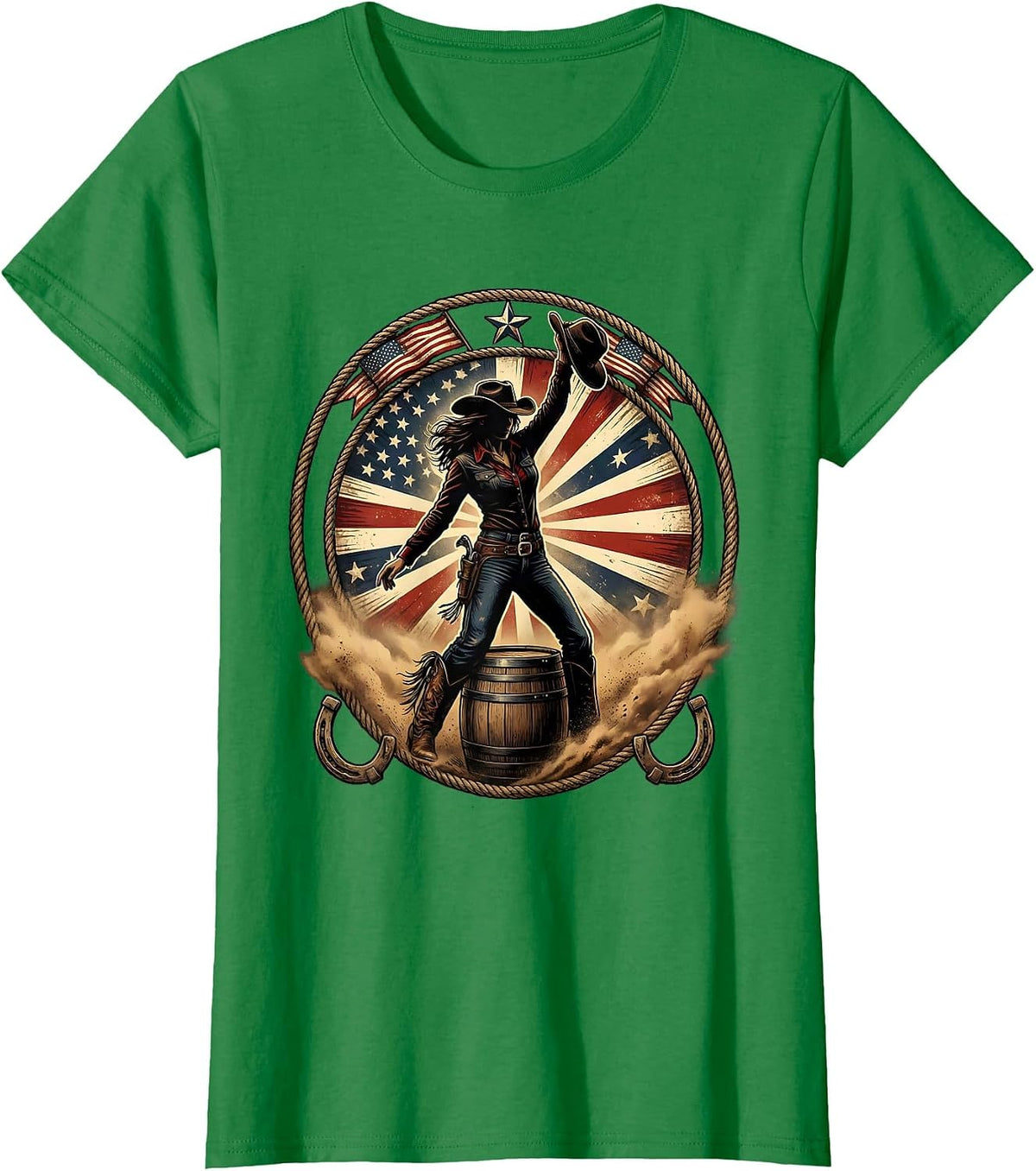 Women's Cowgirl Barrel Racing Dust Cloud Illustration T-Shirt - Kelly Green