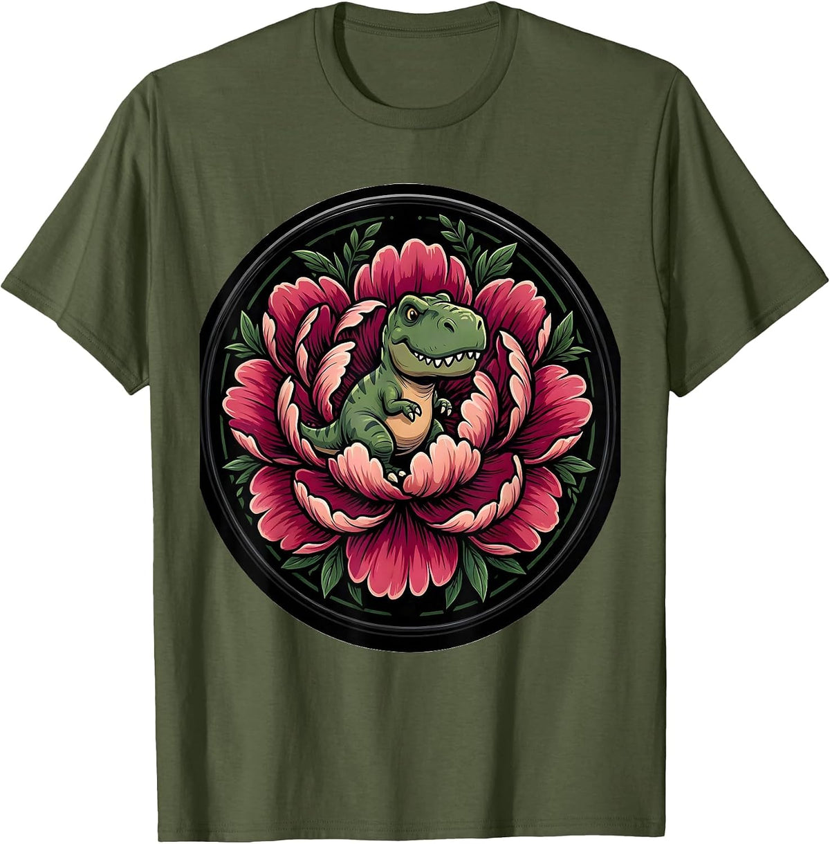 Men's Dinosaur Silhouette Blooming Peony Floral Design T-Shirt - Olive Green