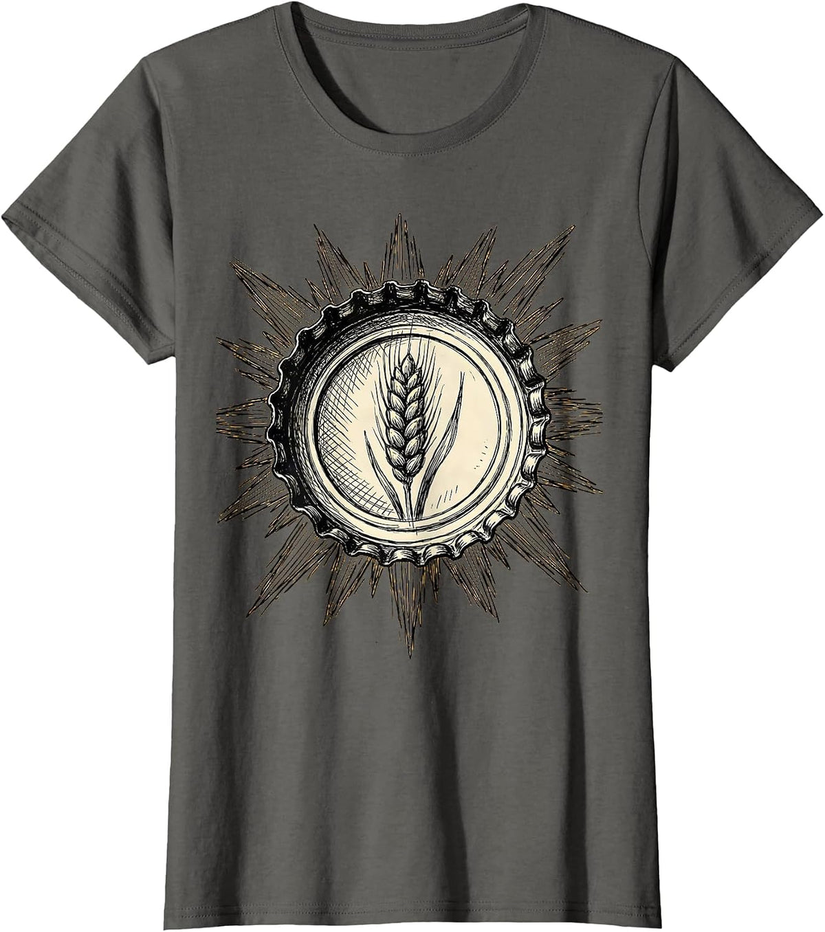 Women's Vintage Beer Bottle Cap Sun Rays Graphic Tee T-Shirt - Asphalt Grey