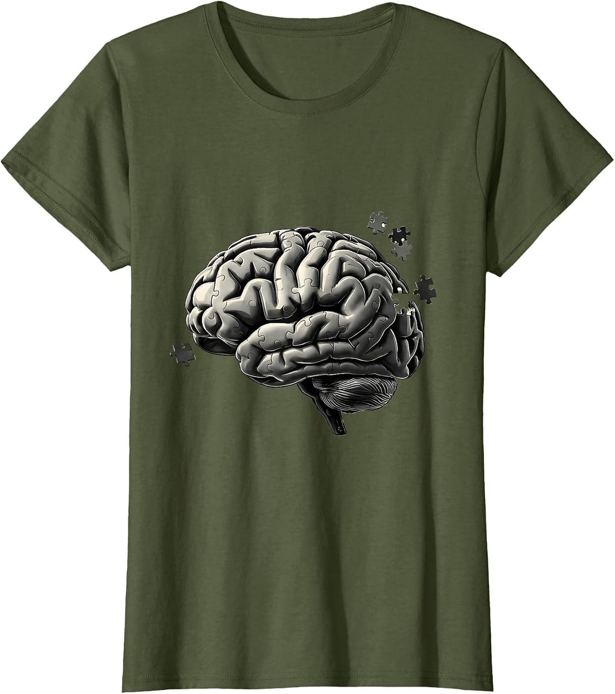 Women's English Teacher Brain Puzzle Pieces Graphic T-Shirt - Olive Green