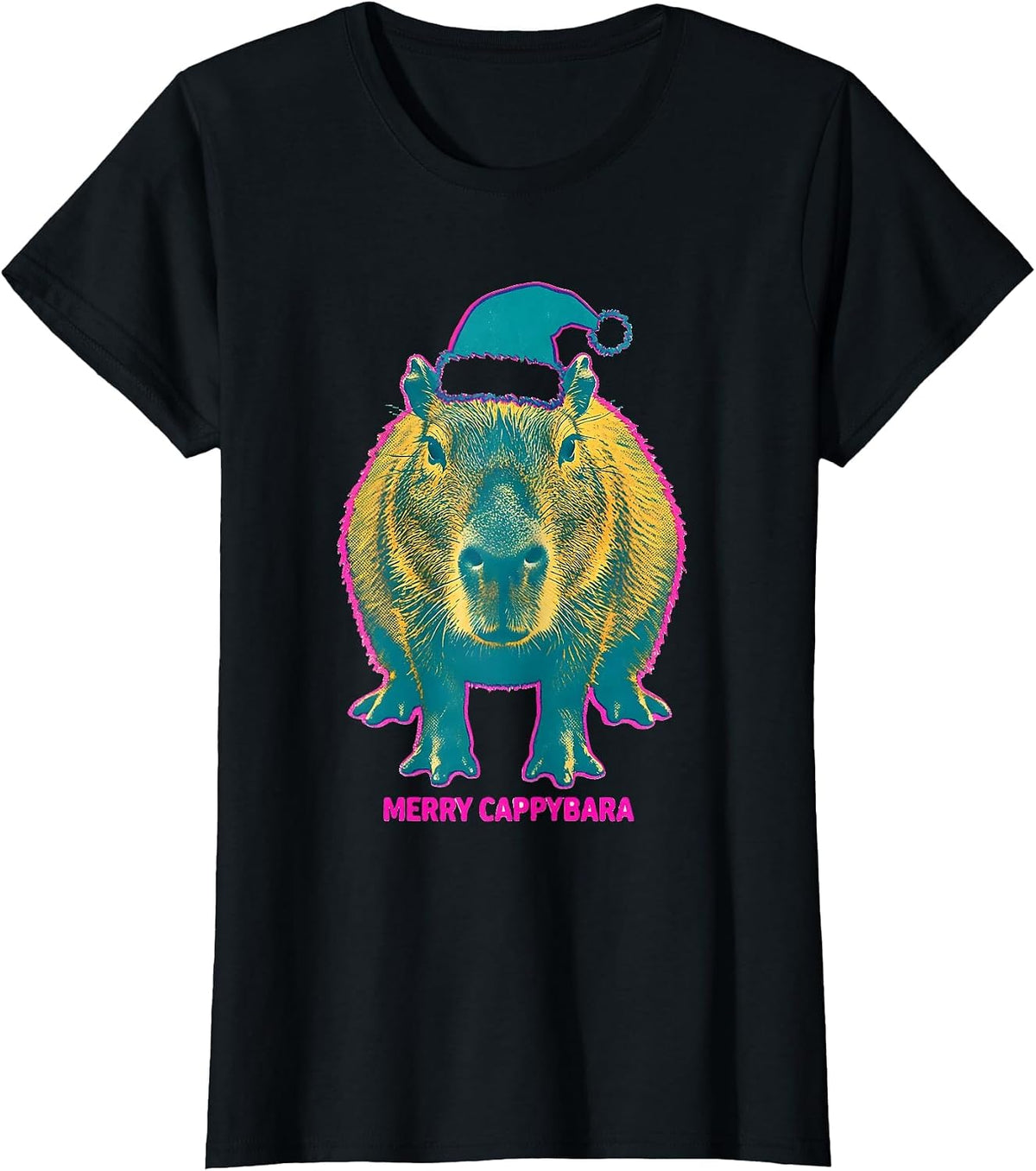 Merry Cappybara Risograph Cute Capybara Christmas Santa Hat T-Shirt - Black