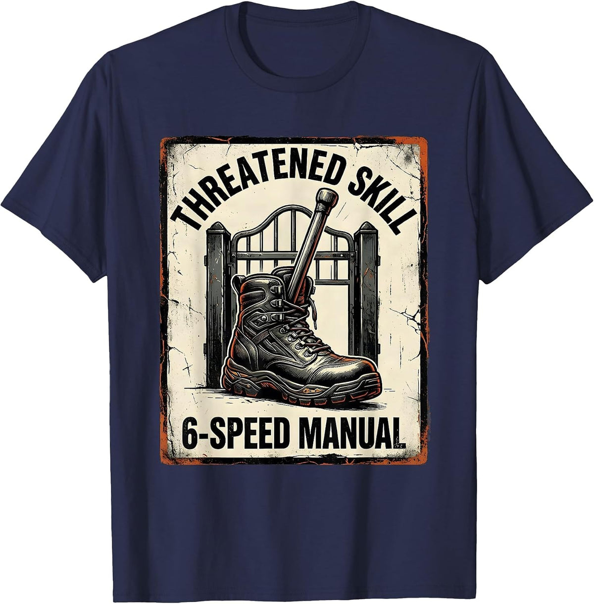 Threatened Skill 6-Speed Manual Distressed Car Guy Mechanic T-Shirt - Navy Blue