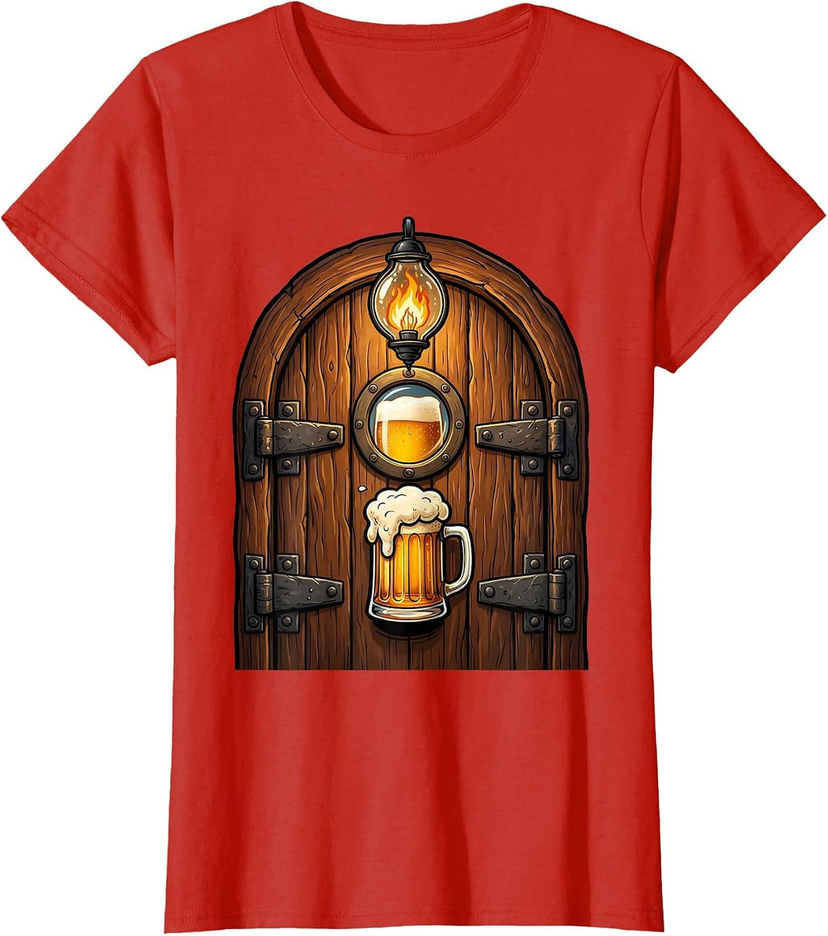 Old Pub Door Lantern Glow Beer Illustration T-Shirt - Red