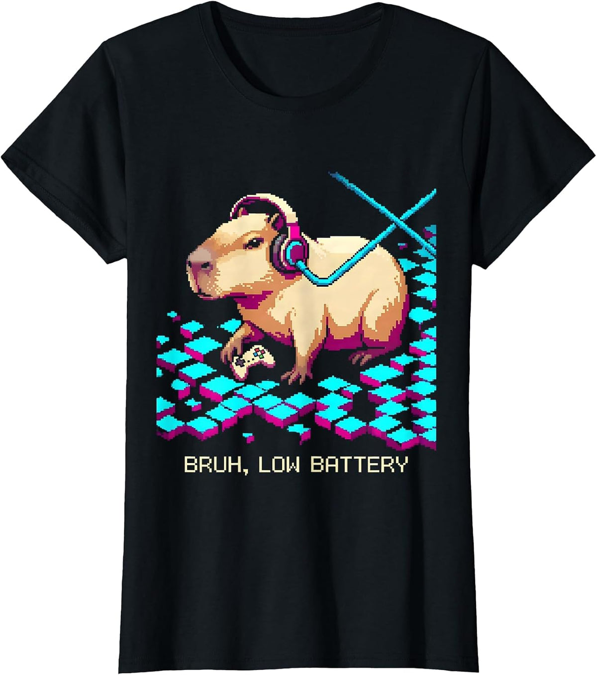 Bruh Low Battery Pixel Art Capybara Gamer Meme Humor T-Shirt - Black
