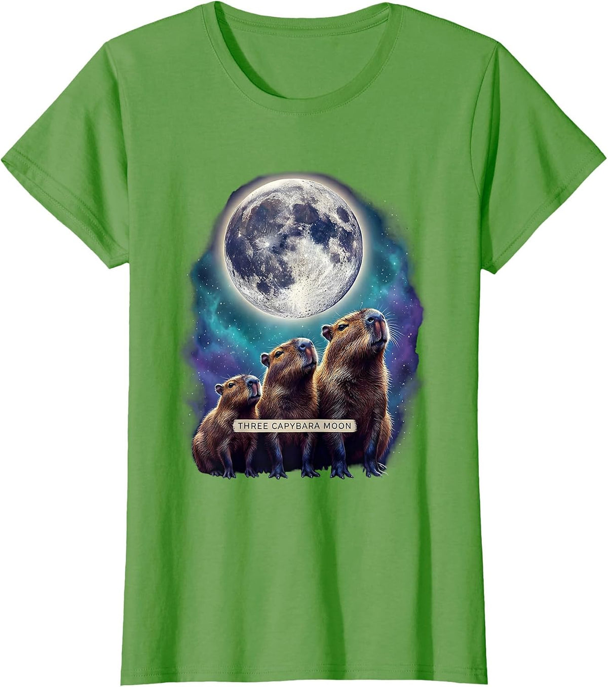 Women's Three Capybara Moon Cosmic Animal Parody Meme Humor T-Shirt - Grass Green