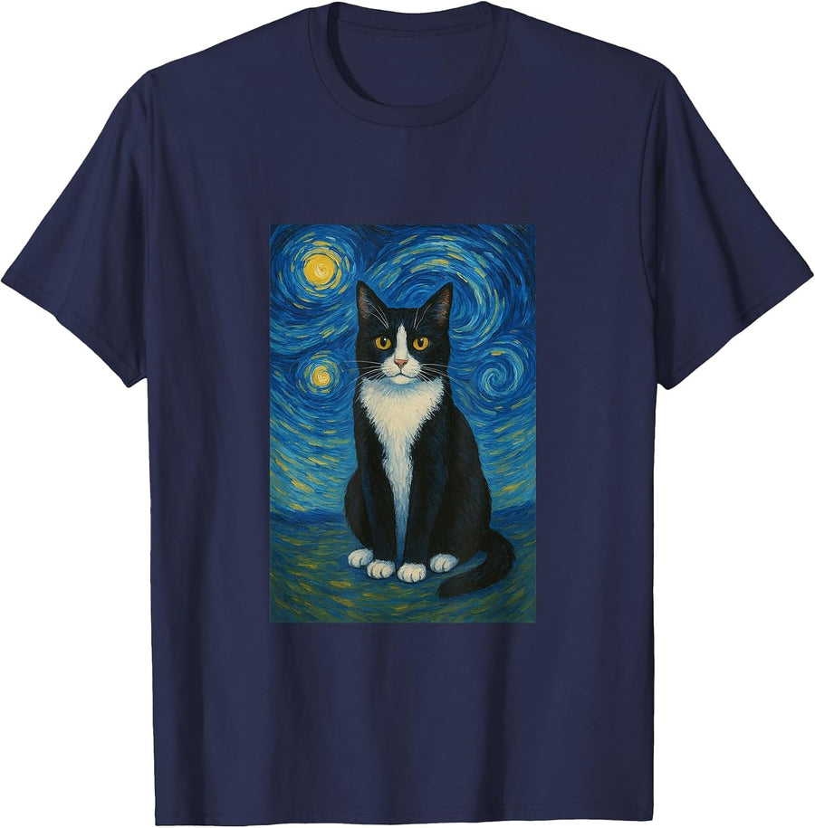 Tuxedo Cat Starry Night Shirt Van Gogh Painting Cat Lover T T-Shirt - Navy Blue