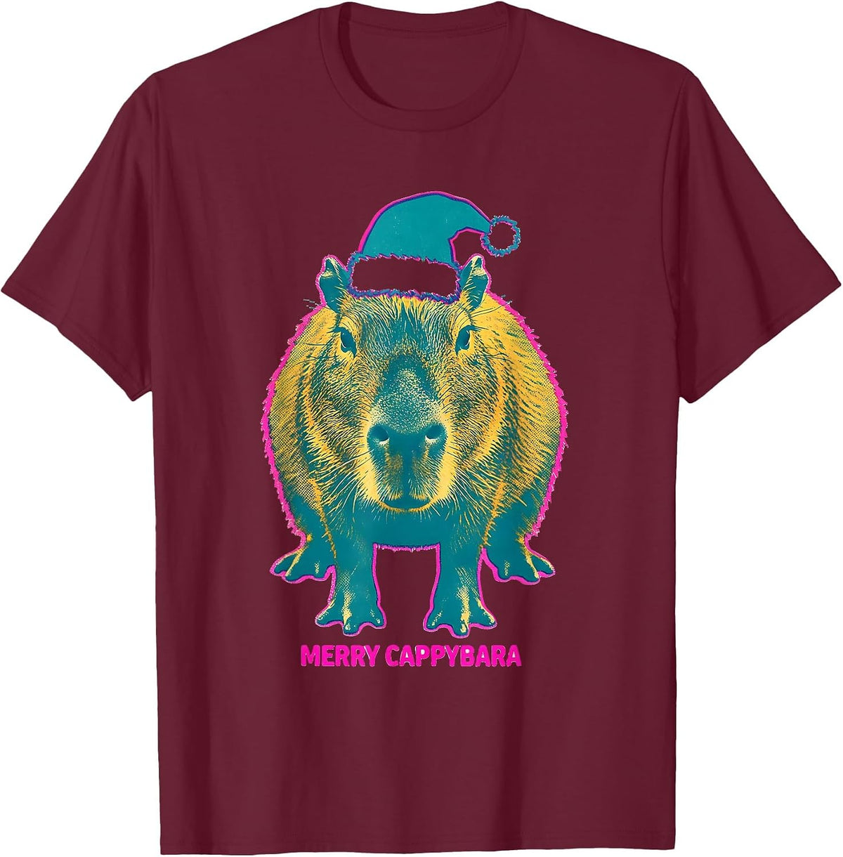 Merry Cappybara Risograph Cute Capybara Christmas Santa Hat T-Shirt - Burgundy