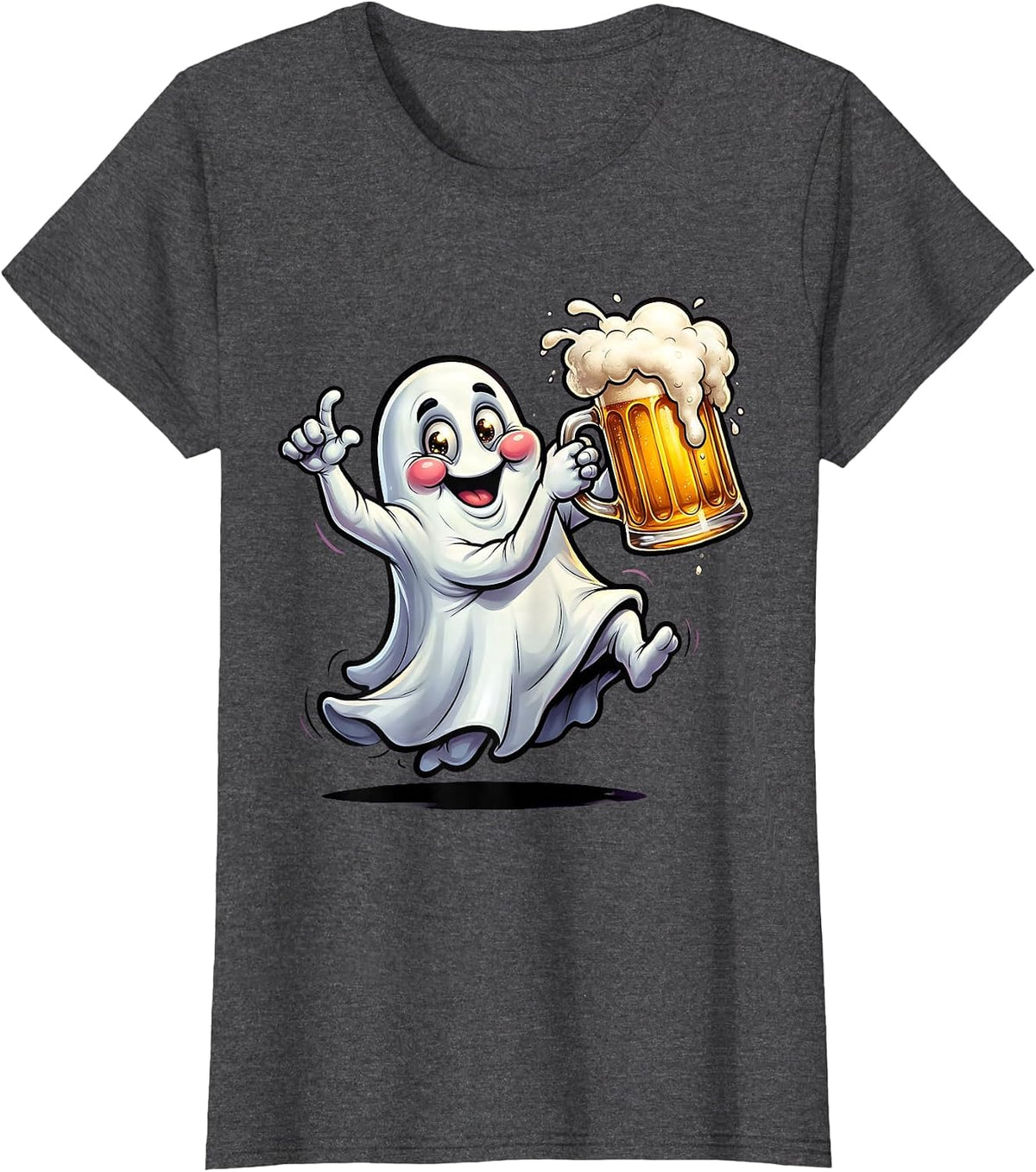 Women's Ghost Holding Frothy Beer Mug Illustration T-Shirt - Dark Heather Grey