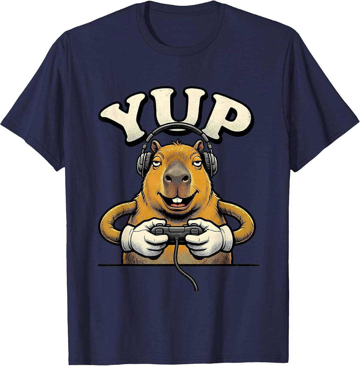 Men's Yup Retro Cartoon Capybara Gamer Meme Humor T-Shirt - Navy Blue