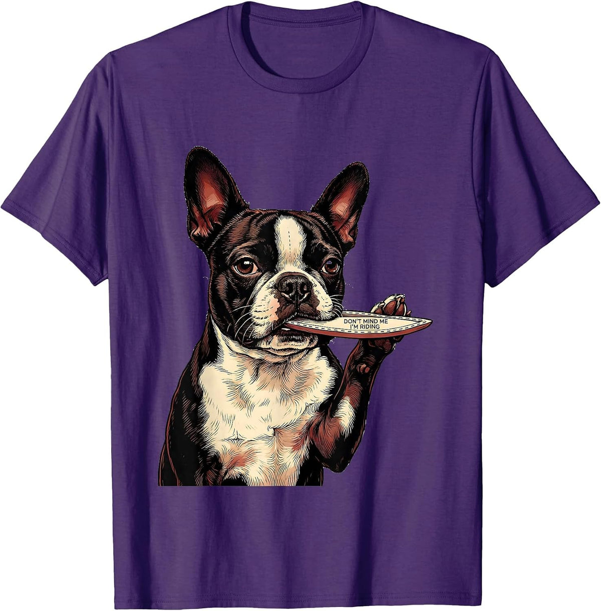 Don't Mind Me, I'm Riding Boston Terrier Puppy Pocket T-Shirt - Purple