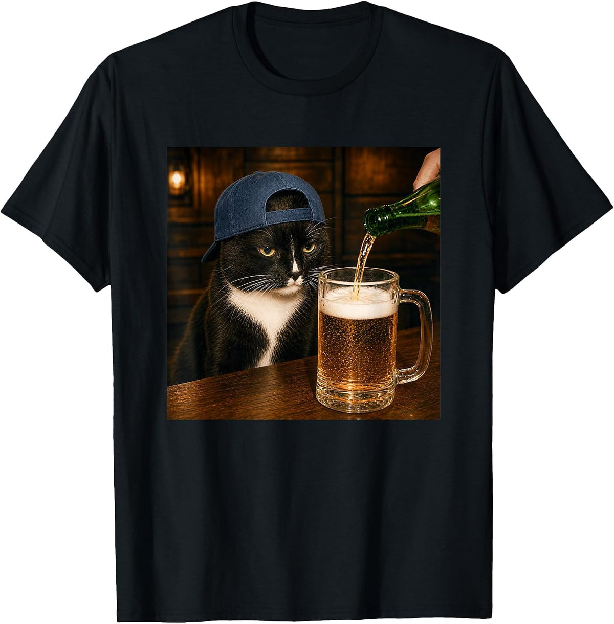 Funny Tuxedo Drinking Beer Cat Meme T-Shirt - Black