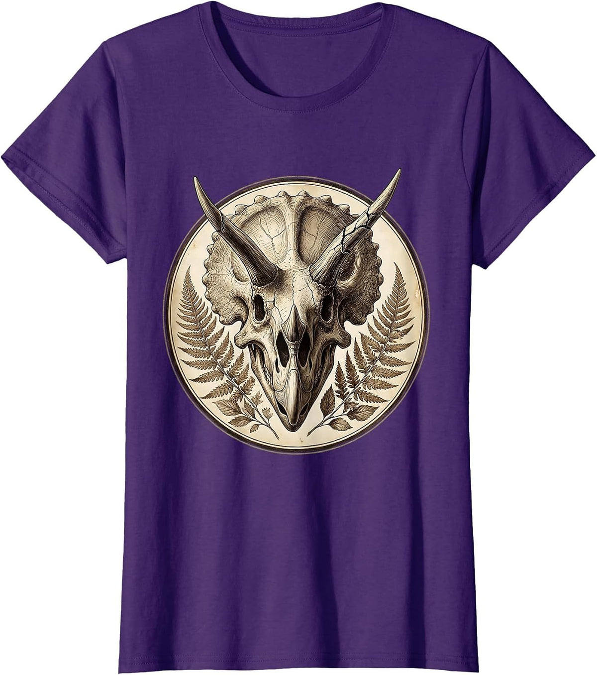 Women's Triceratops Skull Cracked Horns Dinosaur Art T-Shirt - Purple