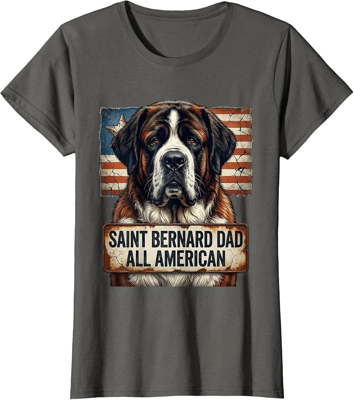 Women's Saint Bernard Dad, All American Distressed Patriotic Dog T-Shirt - Asphalt Grey