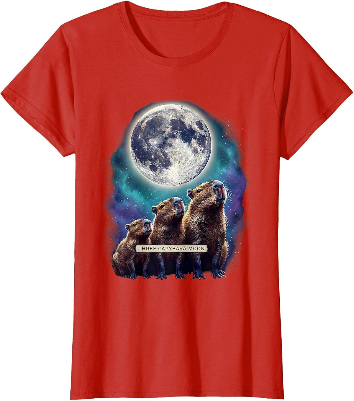 Women's Three Capybara Moon Cosmic Animal Parody Meme Humor T-Shirt - Red