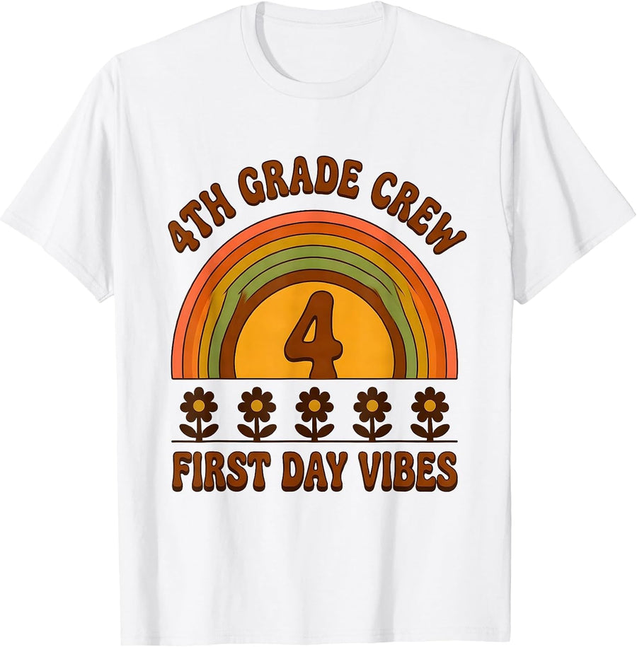 4th Grade Crew First Day Vibes Retro 70s Back To School T-Shirt - White