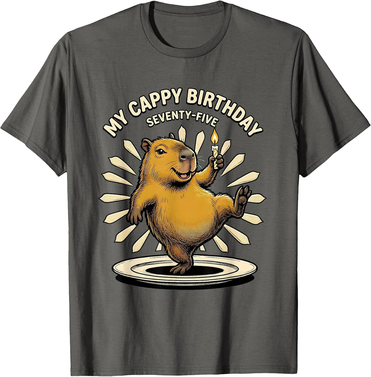 My Cappy Birthday Seventy-Five Retro Cartoon Capybara T-Shirt - Asphalt Grey
