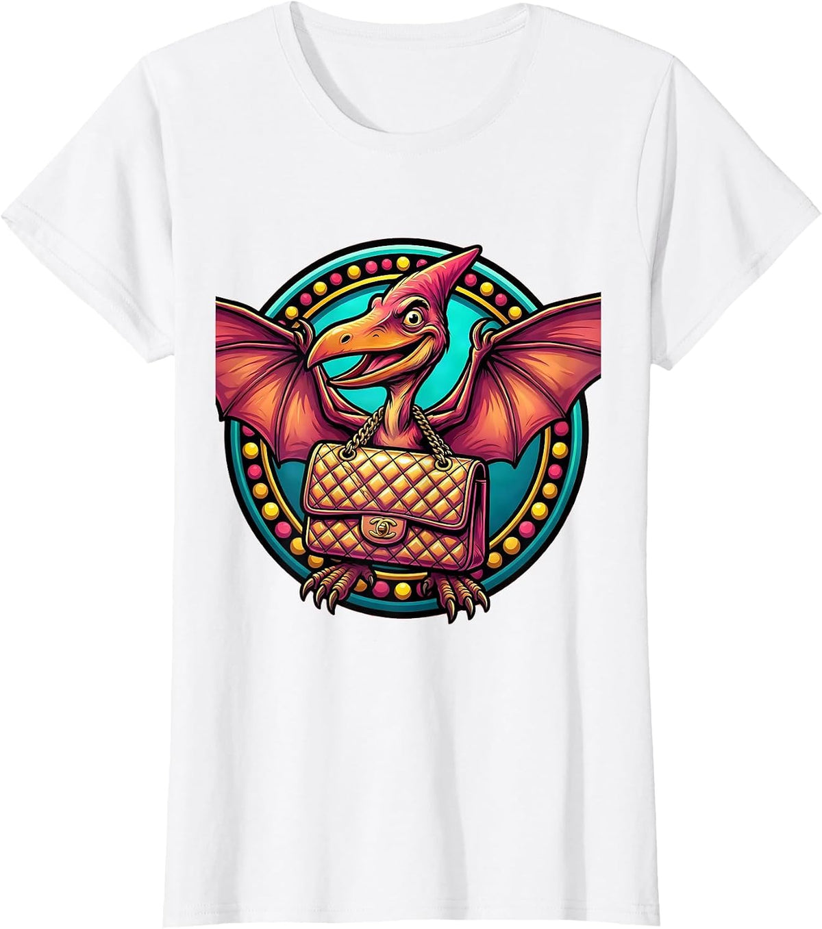 Pterodactyl Handbag Dinosaur Illustration T-Shirt - White