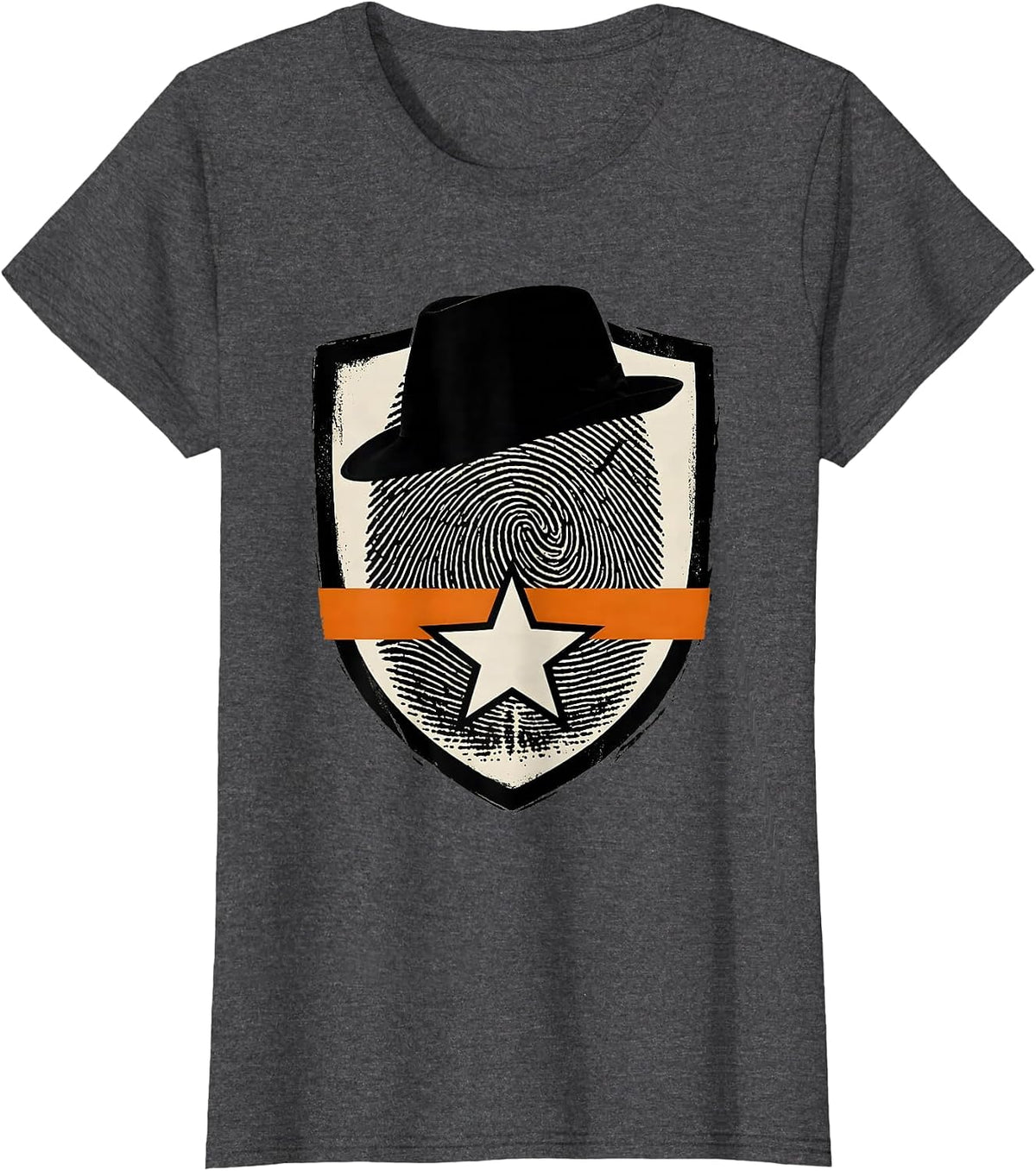 Women's Brutalist Shield Detective Fingerprint Halloween Costume T-Shirt - Dark Heather Grey