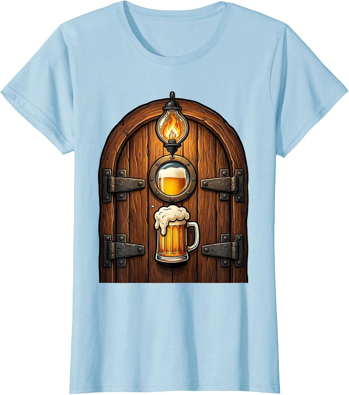 Old Pub Door Lantern Glow Beer Illustration T-Shirt - Baby Blue