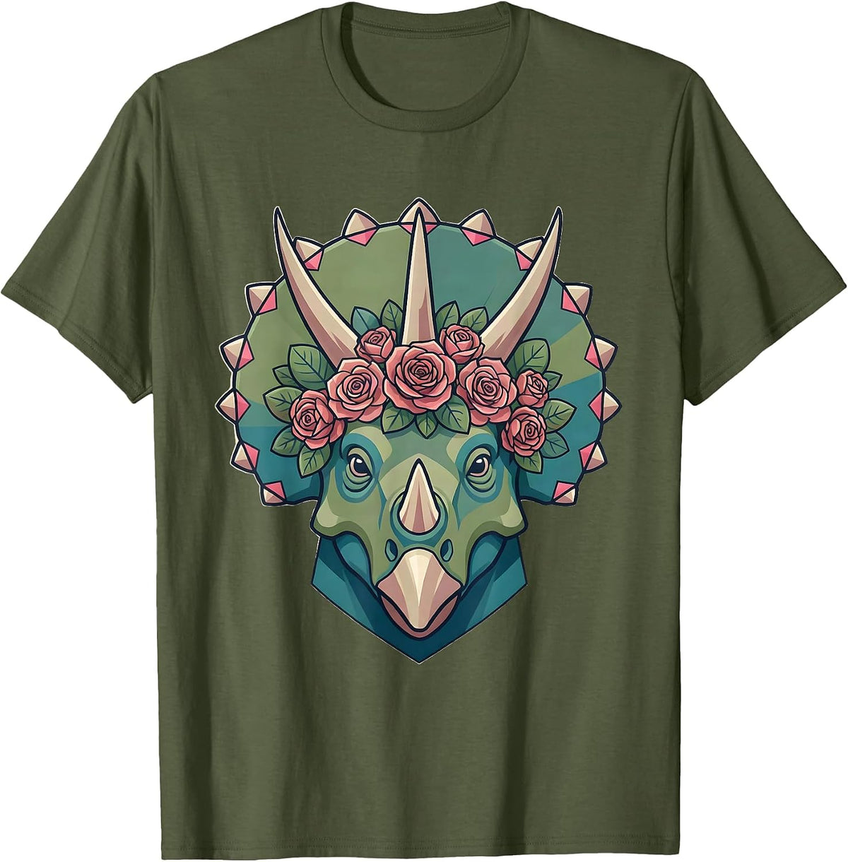 Triceratops Rose Crown Floral Dinosaur Portrait T-Shirt - Olive Green
