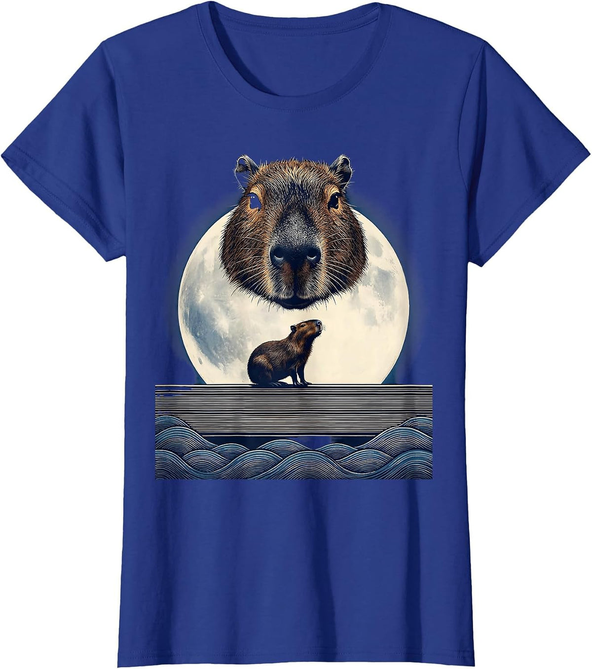 Women's Capybara Head Mask Ukiyo-e Howling Moon Meme T-Shirt - Royal Blue