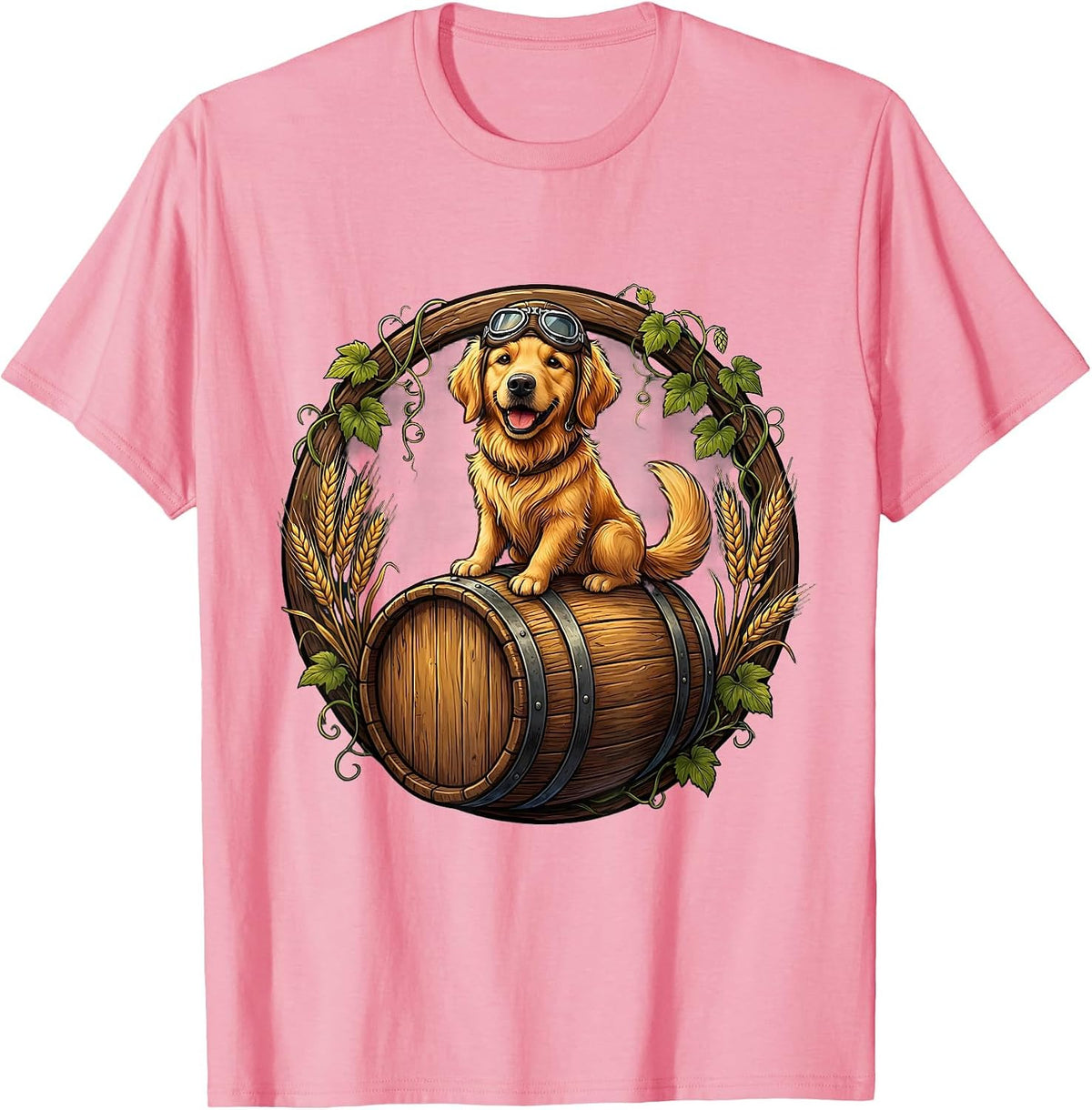 Men's Dog Riding Beer Barrel With Goggles Funny Art T-Shirt - Pink
