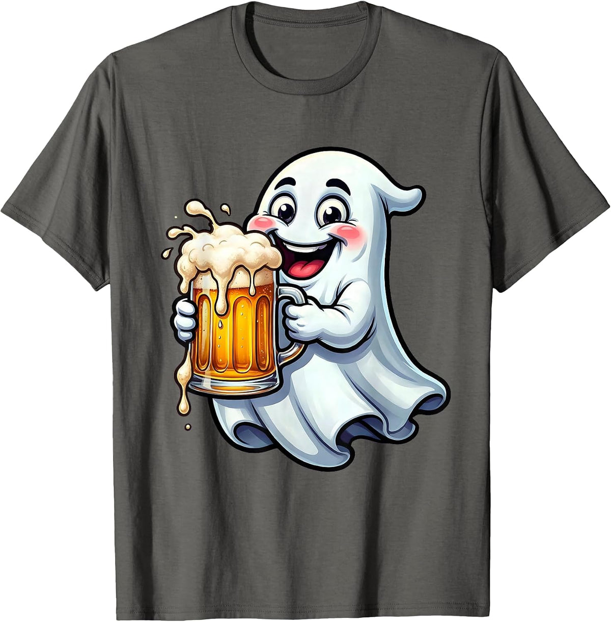 Men's Friendly Ghost Overflowing Beer Mug Illustration T-Shirt - Asphalt Grey